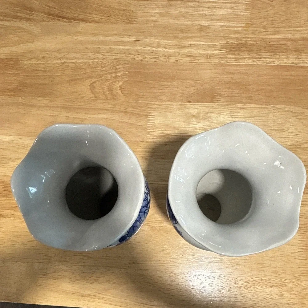 Vintage Pair Blue & White Ceramic Vases Grapevine Pattern Glossy